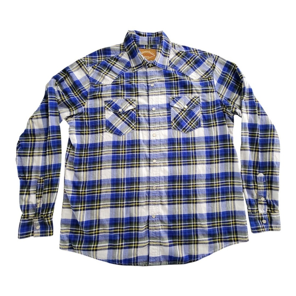 NWOT Red‎ Camel Western Shirt Mens XL Blue Plaid Long Sleeve Pearl Snap Pockets